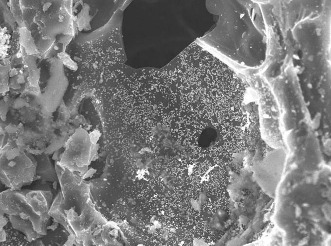Scanning electron micrograph of gold at nano scale: fine bright particles scattered densely across a fractured mineral surface.